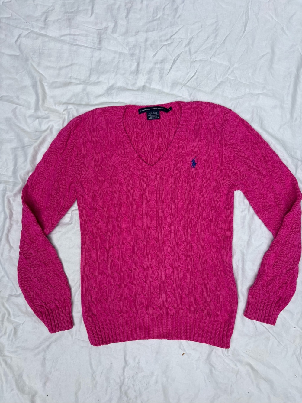Polo by Ralph Lauren Women's Hot Pink Cable Knit V-Neck Sweater